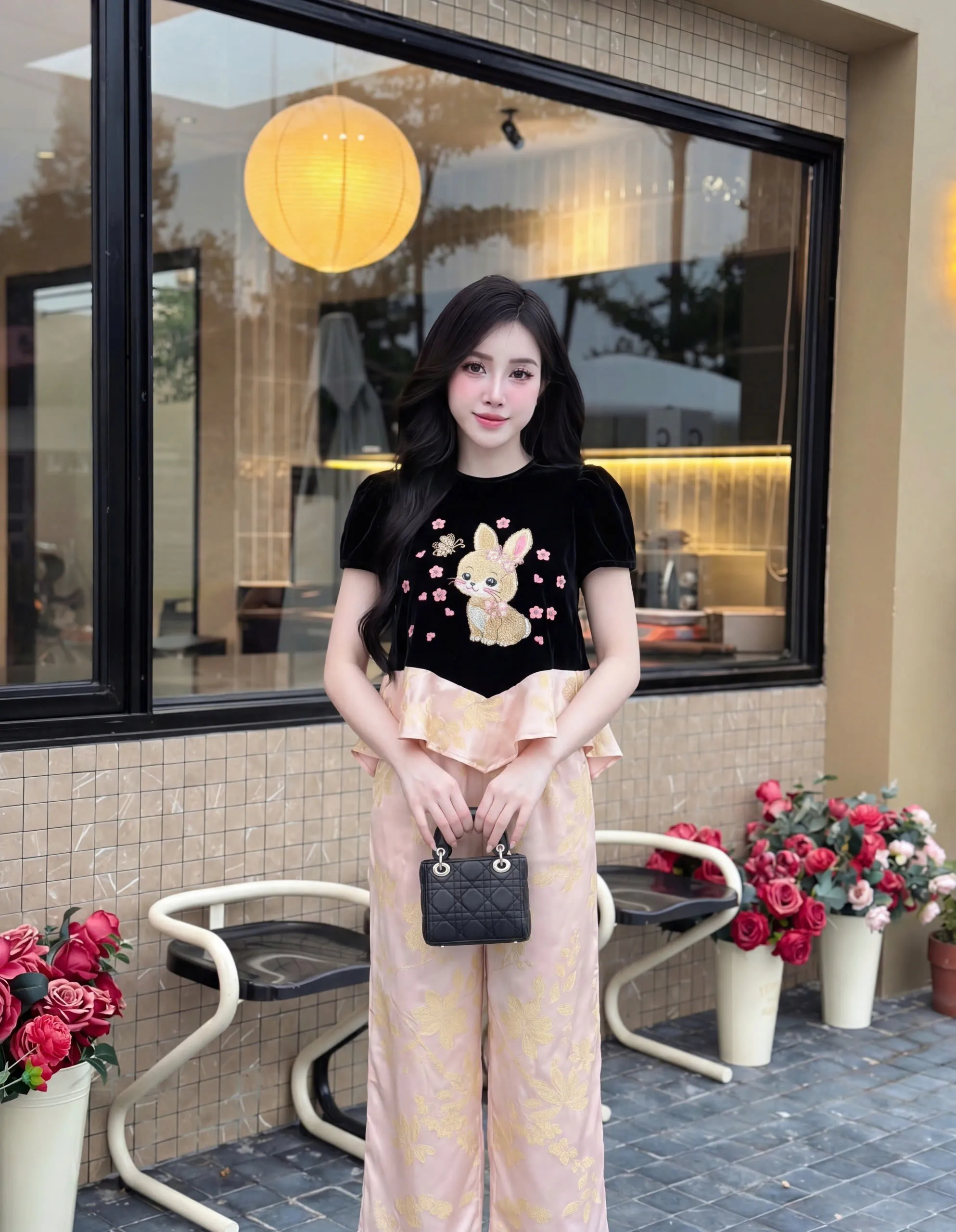 SET ÁO NHUNG THE THÊU THỎ ĐÍNH KIM SA PHỐI QUẦN LỤA GẤM - ảnh 2
