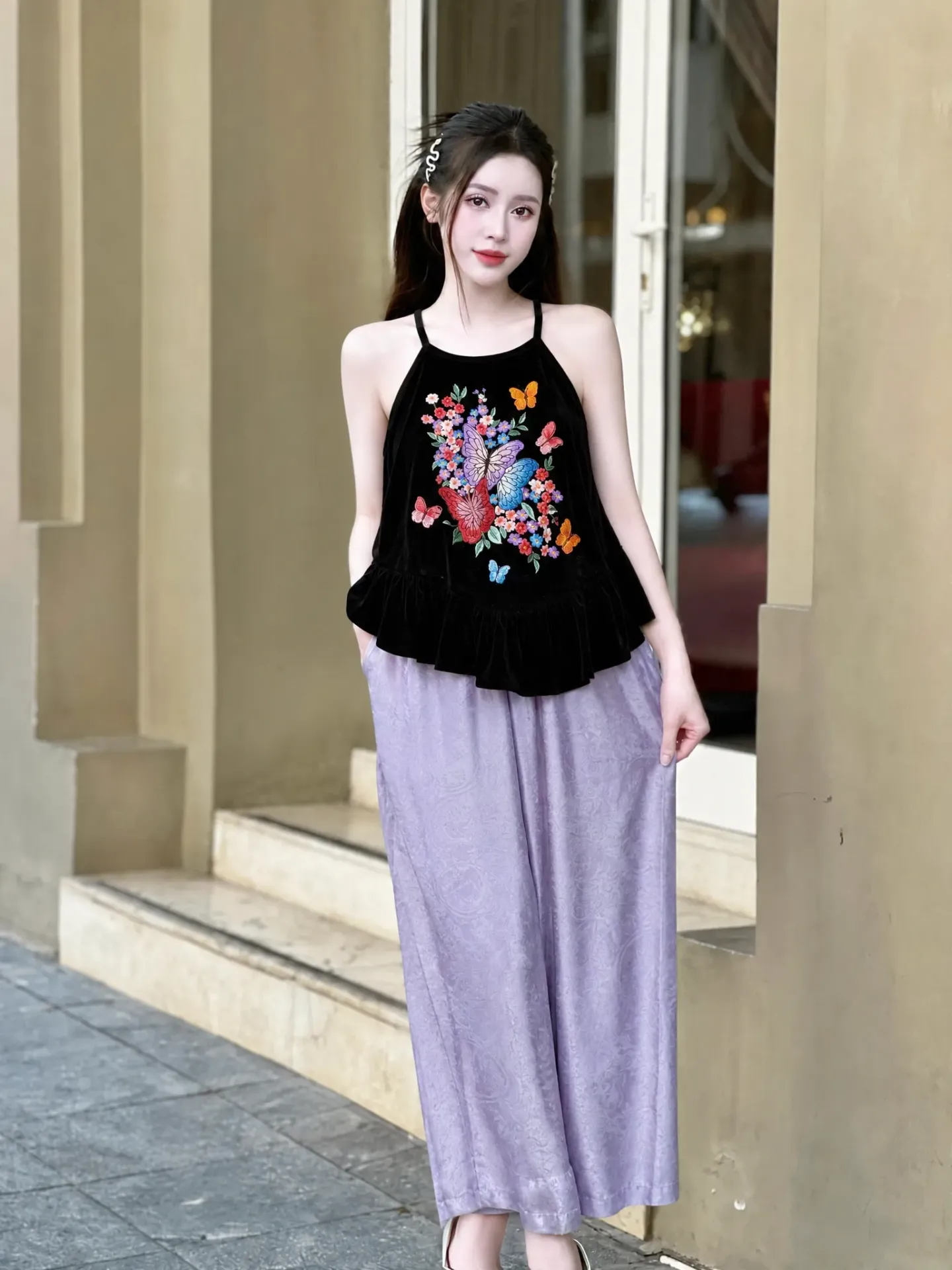 Set Áo nhung đen + quần lụa tím