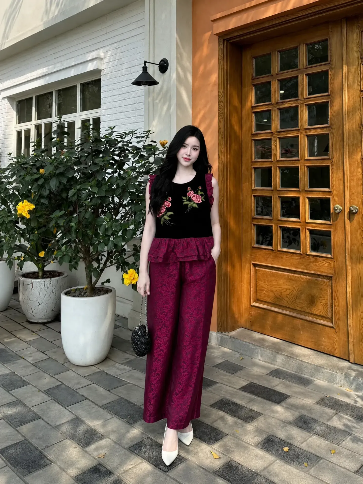 Set Áo nhung + Quần lụa gấm hồng cẩm