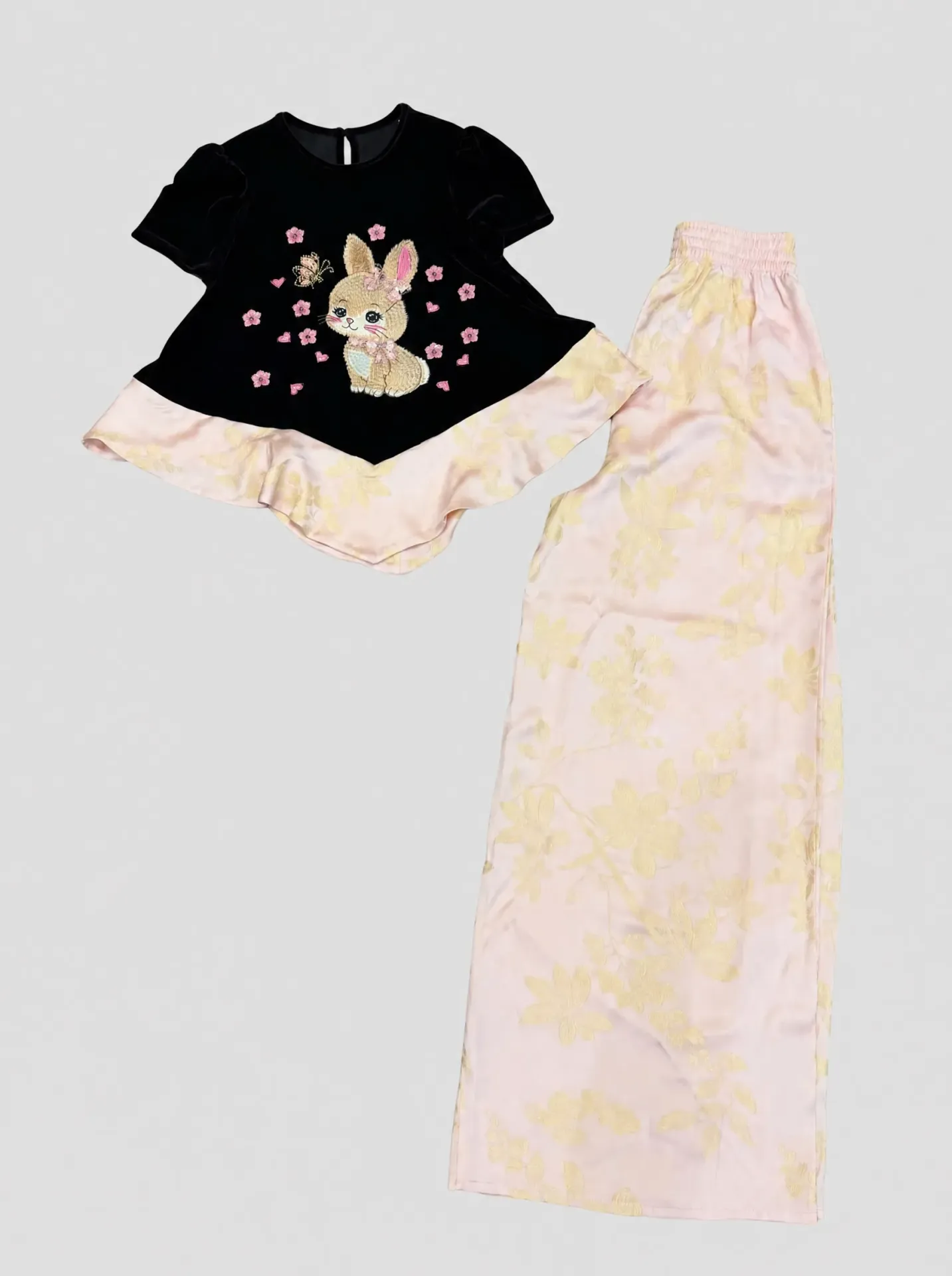 Set Áo Nhung Đen + Quần Lụa Hồng