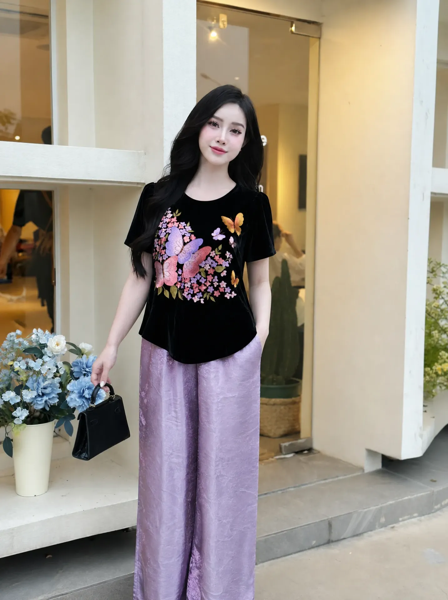 Set Áo đen + quần tím nhạt