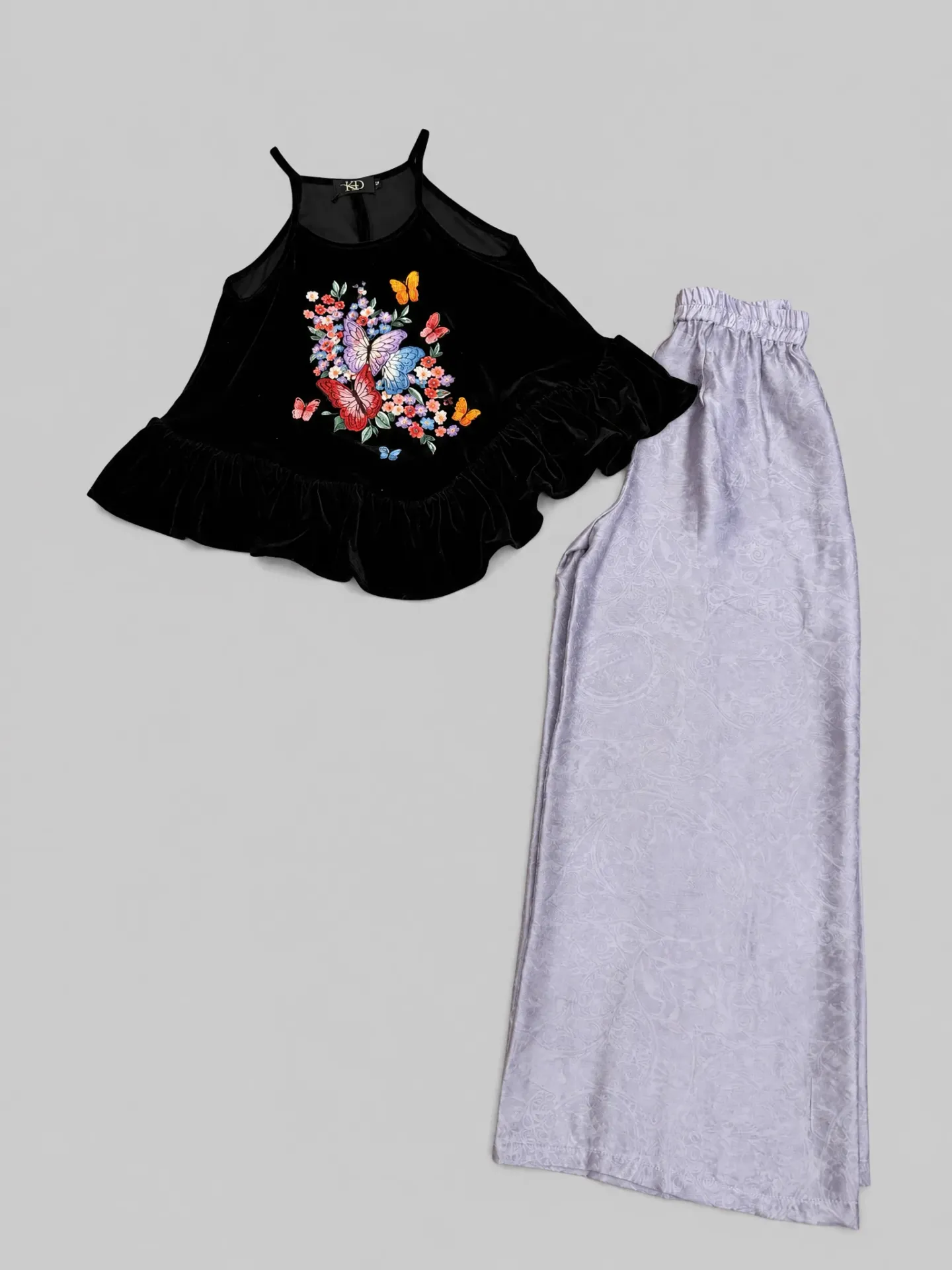 Set Áo nhung đen + quần lụa tím