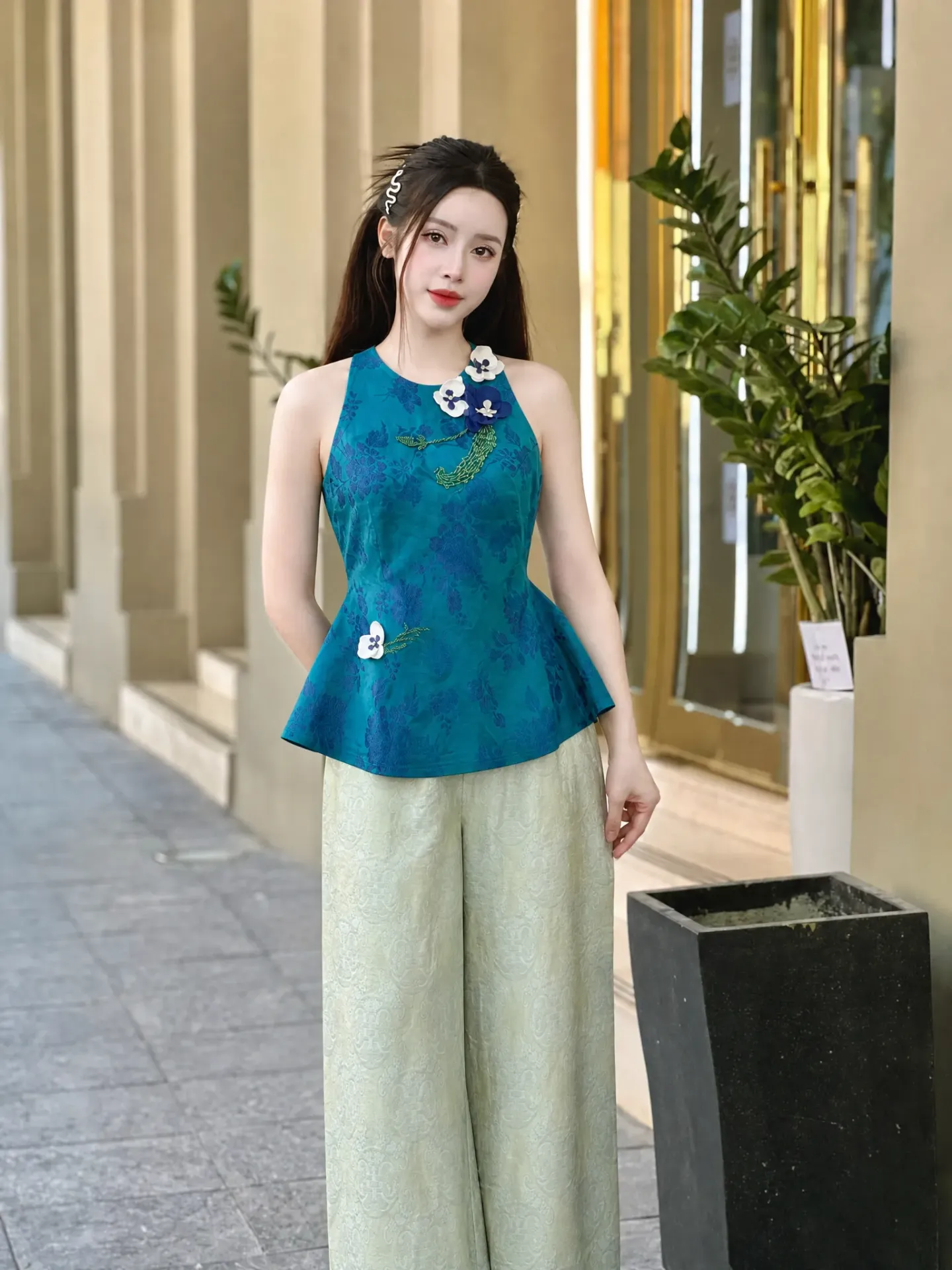 Set Áo xanh cổ vịt + Quần lụa xanh mint