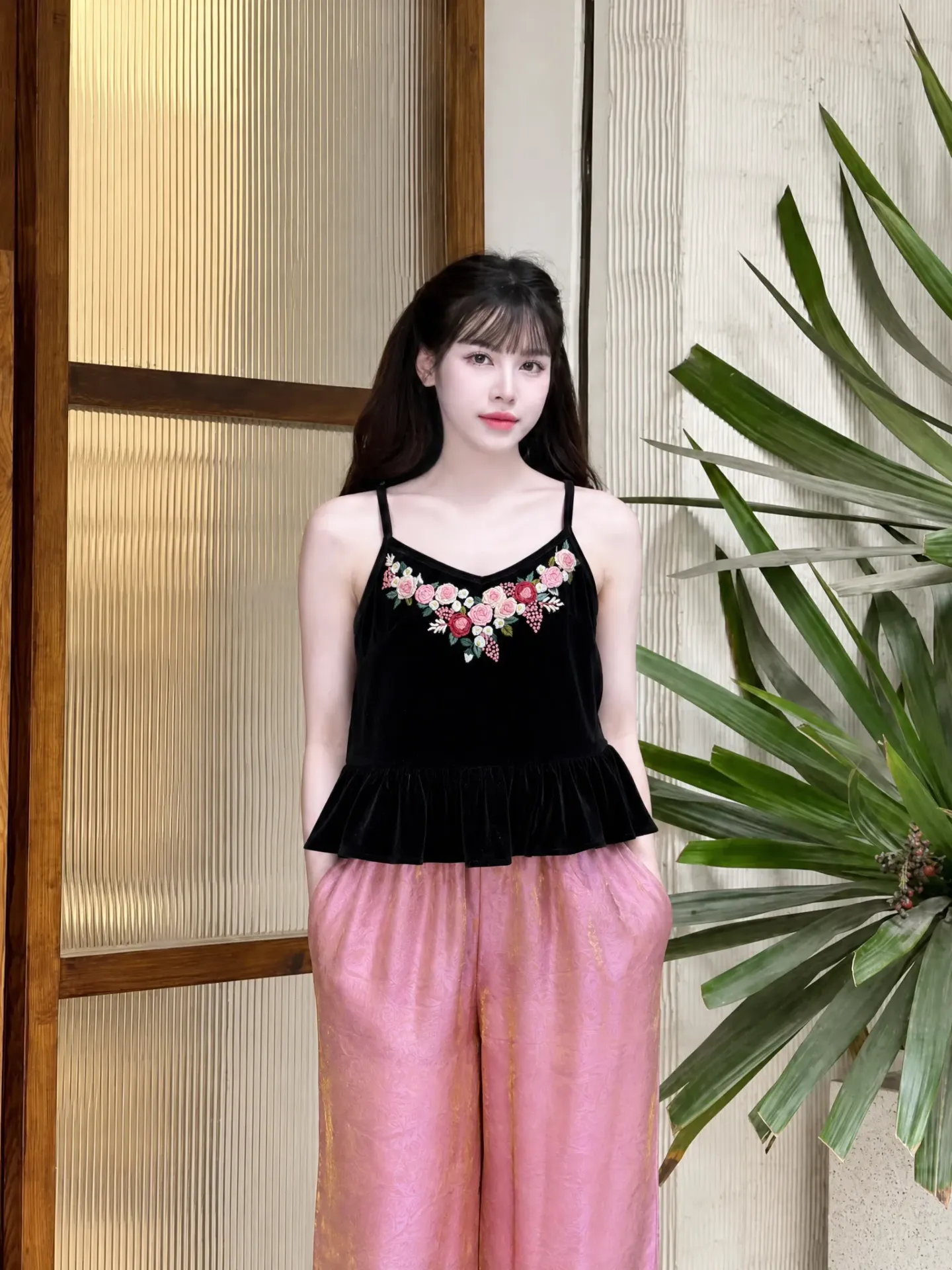 Set Áo Nhung + Quần lụa Hồng