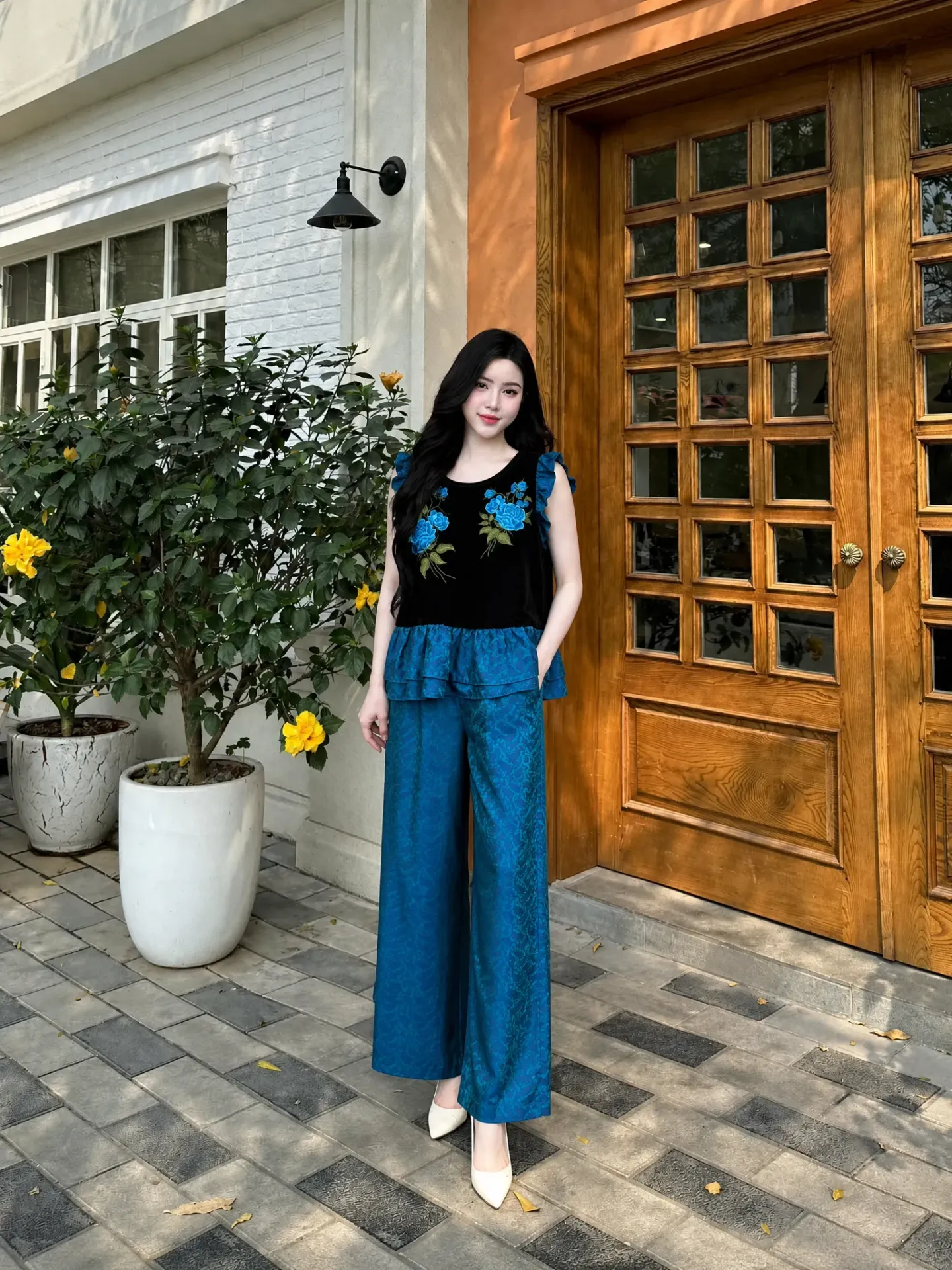 Set  Áo nhung + Quần lụa gấm xanh