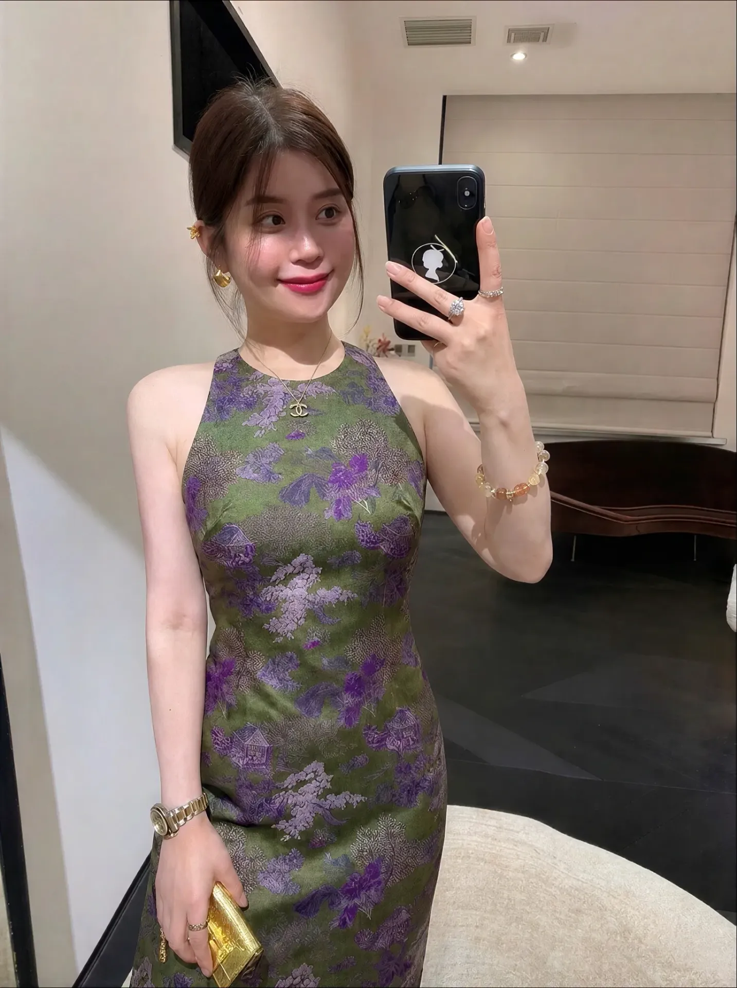 Xanh rêu họa tiết sơn thủy tím trầm